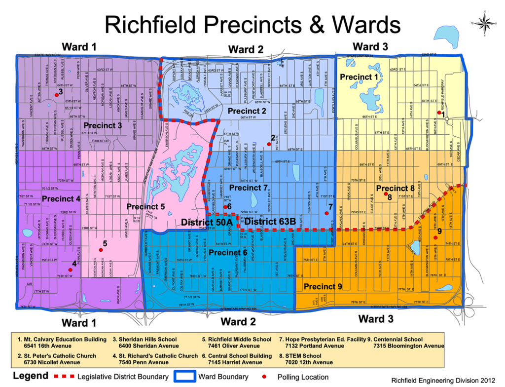 A map depicting the wards of Richfield. Ward is emphasized, which is between 35W and Portland Avenue, with exceptions near Woodlake and near Portland and 77th Street.
